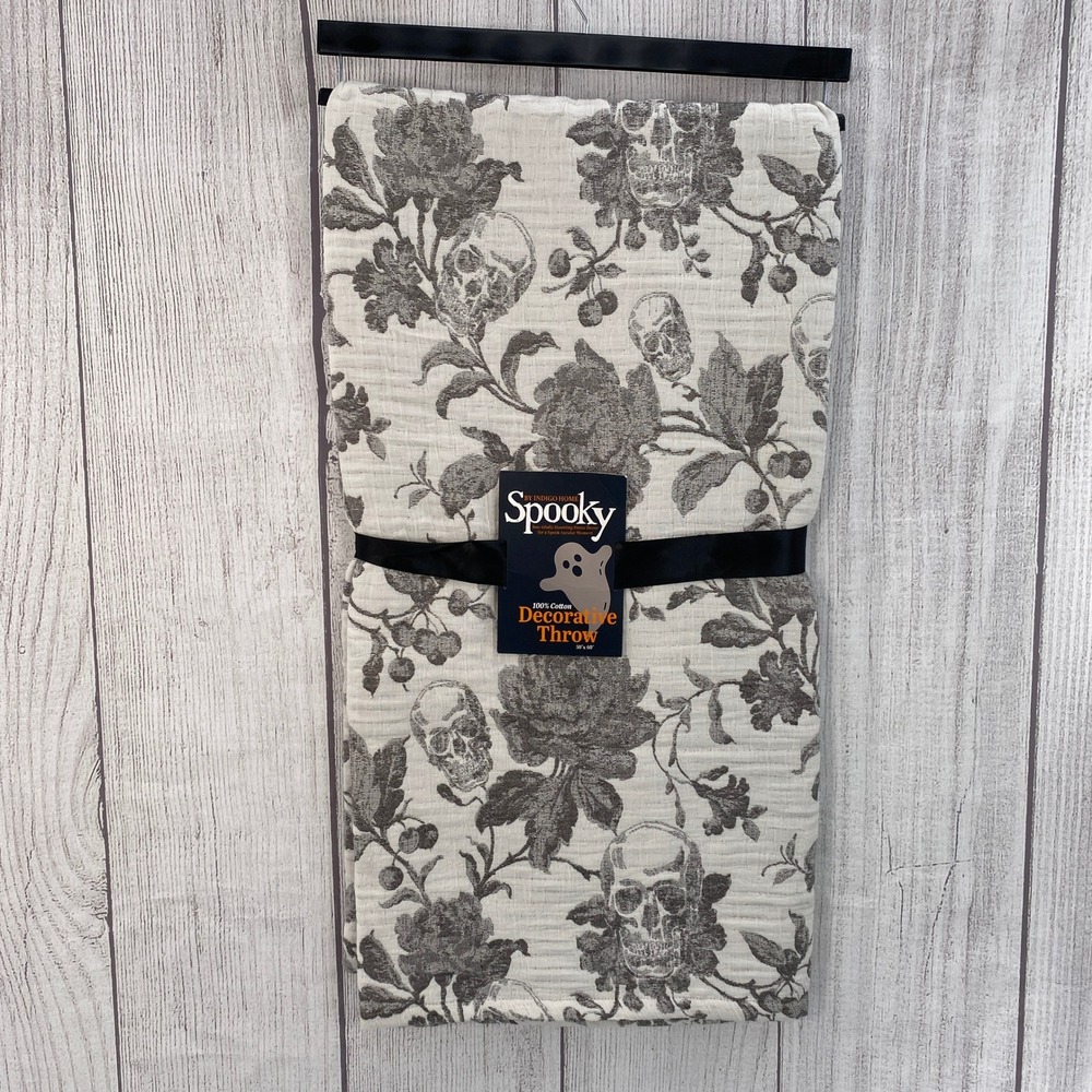 Indigo Home Throw Blanket 50x60 Spooky Skull Floral Toile Grey White Halloween